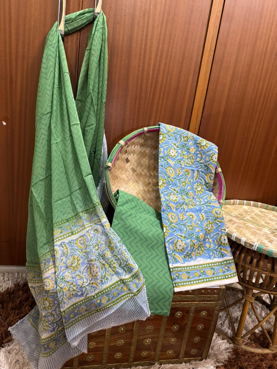 Blue Green Floral Print Cotton Suit With Chiffon Dupatta (OCOTCF001)