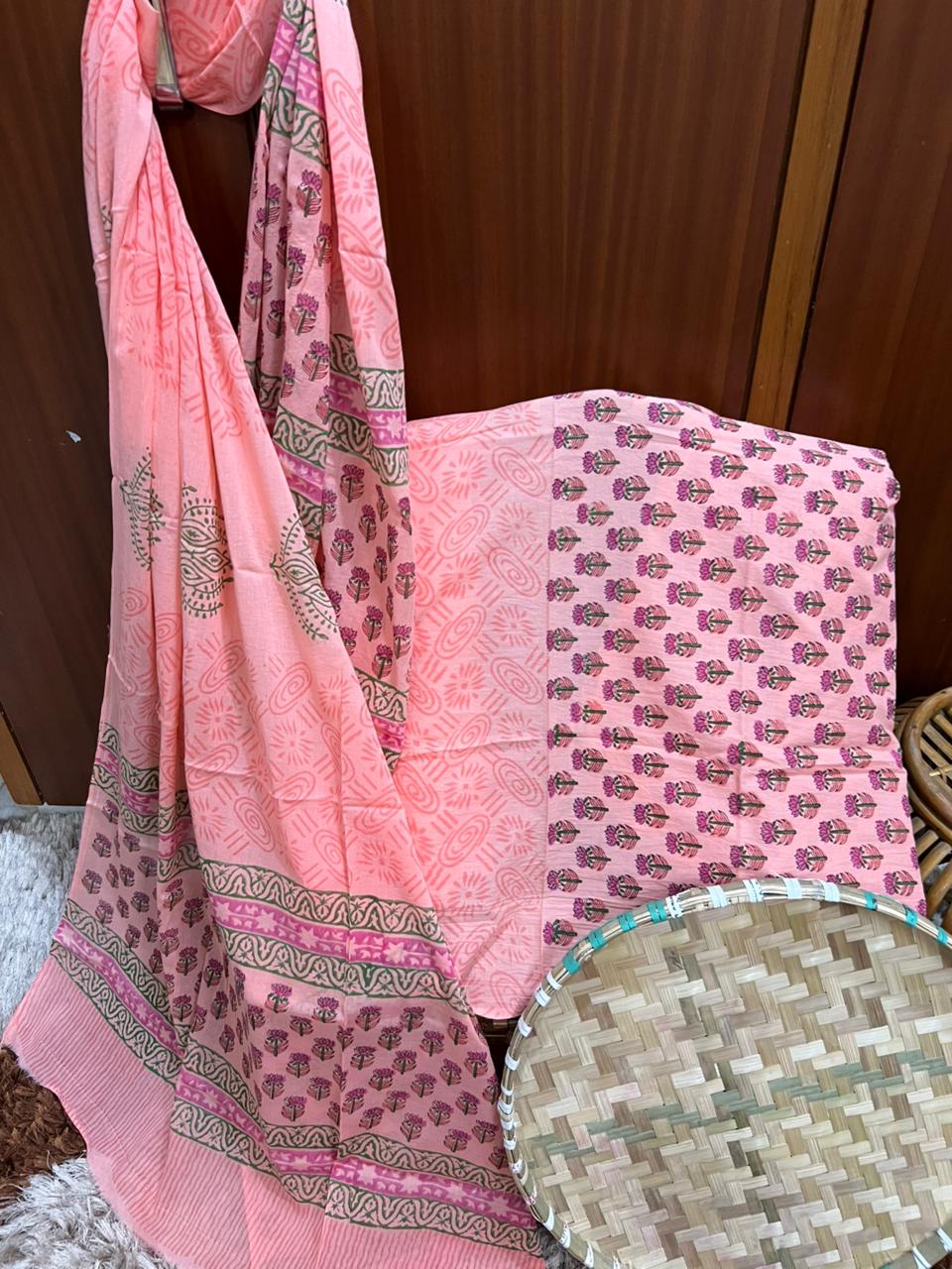 Hand Printed Peach Petal Cotton Suit With Cotton Dupatta (OCOTCO009)