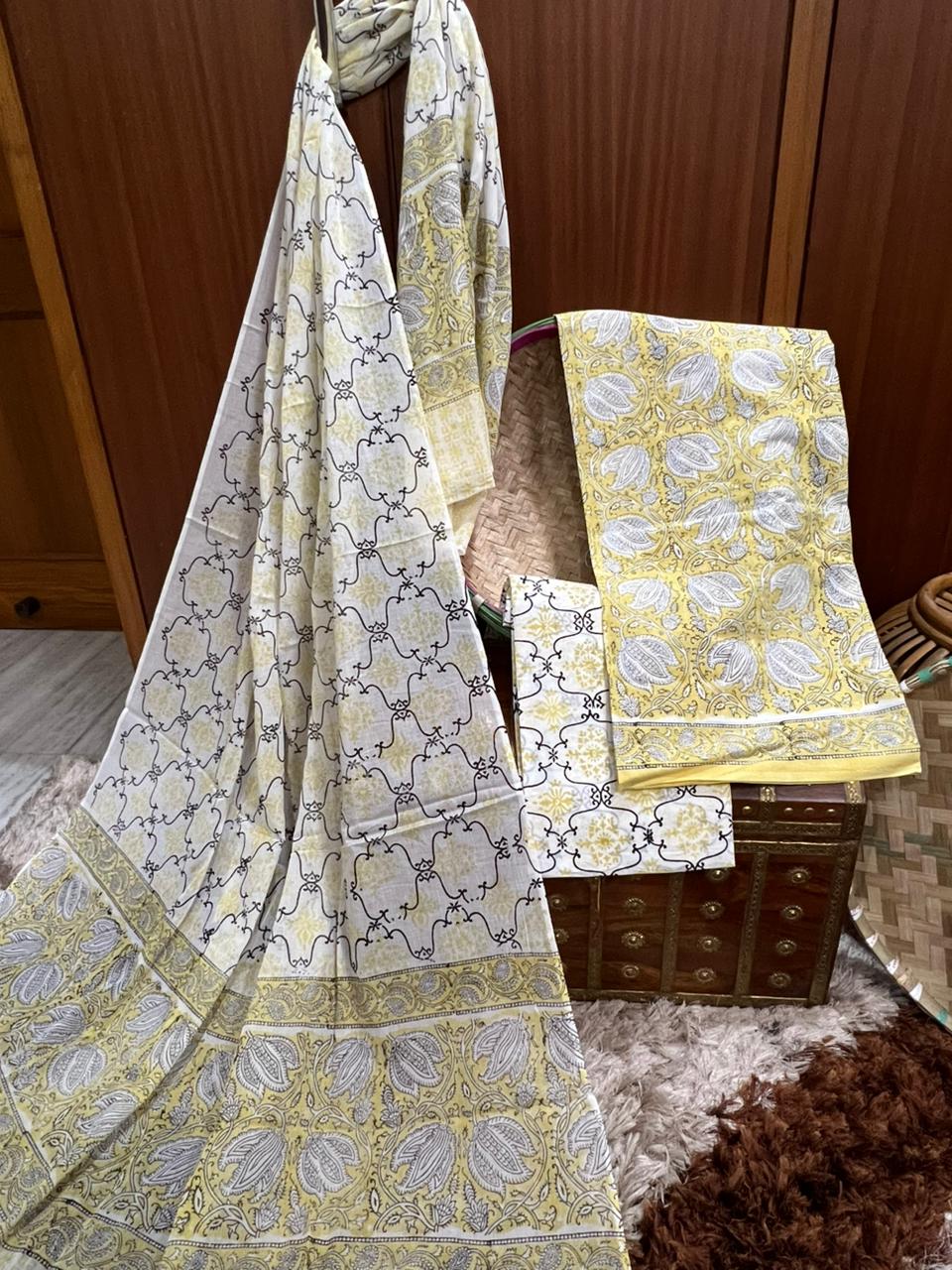 Yellow Lemon Lattice Floral Printed Cotton Suit With Cotton Dupatta (OCOTCO013)