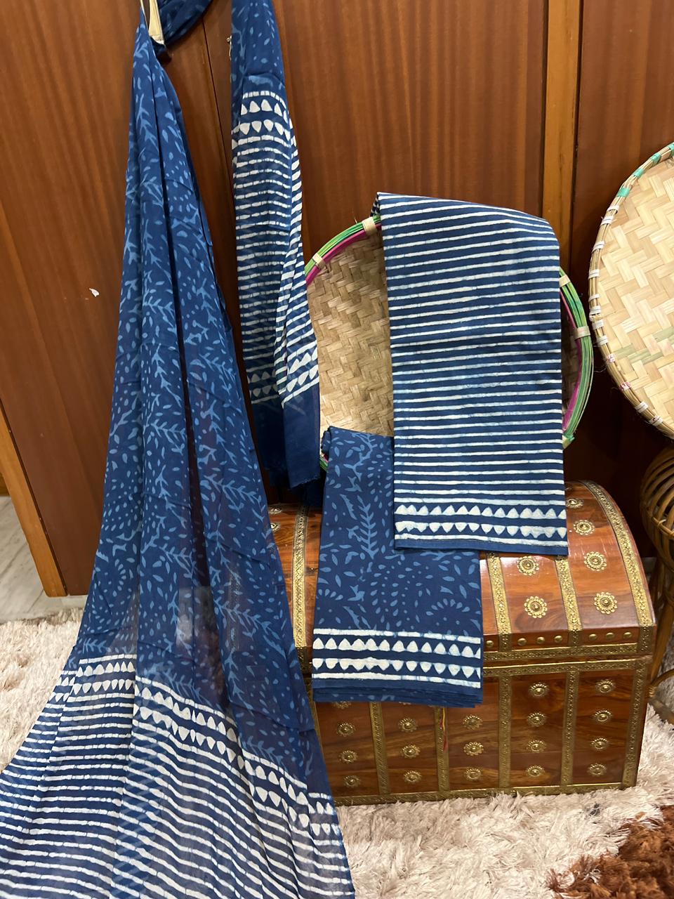 Exclusive Indigo Blue Floral Printed Cotton Suit With Chiffon Dupatta (OCOTCH006)