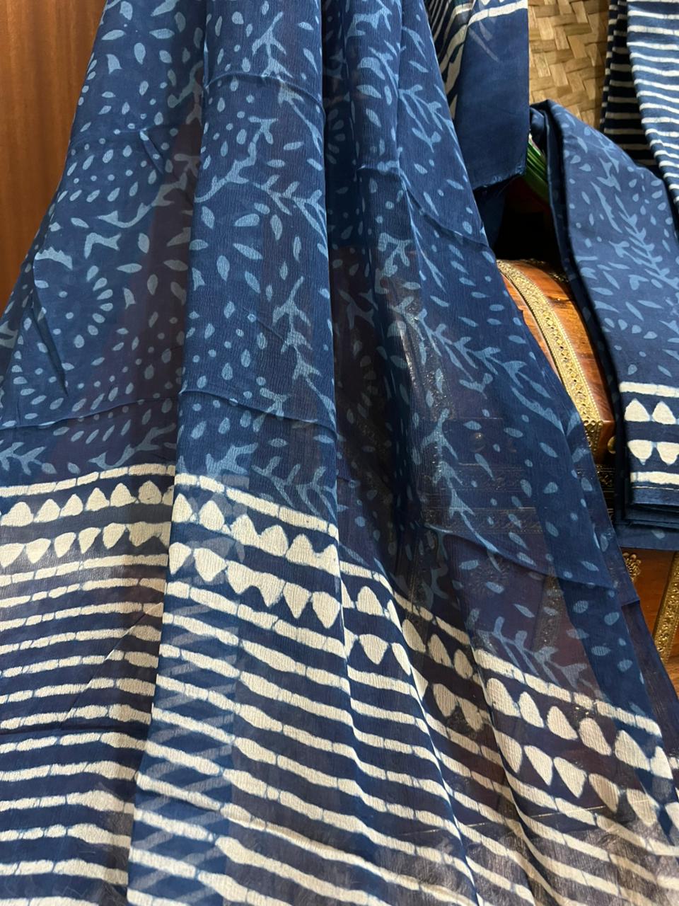 Exclusive Indigo Blue Floral Printed Cotton Suit With Chiffon Dupatta (OCOTCH006)