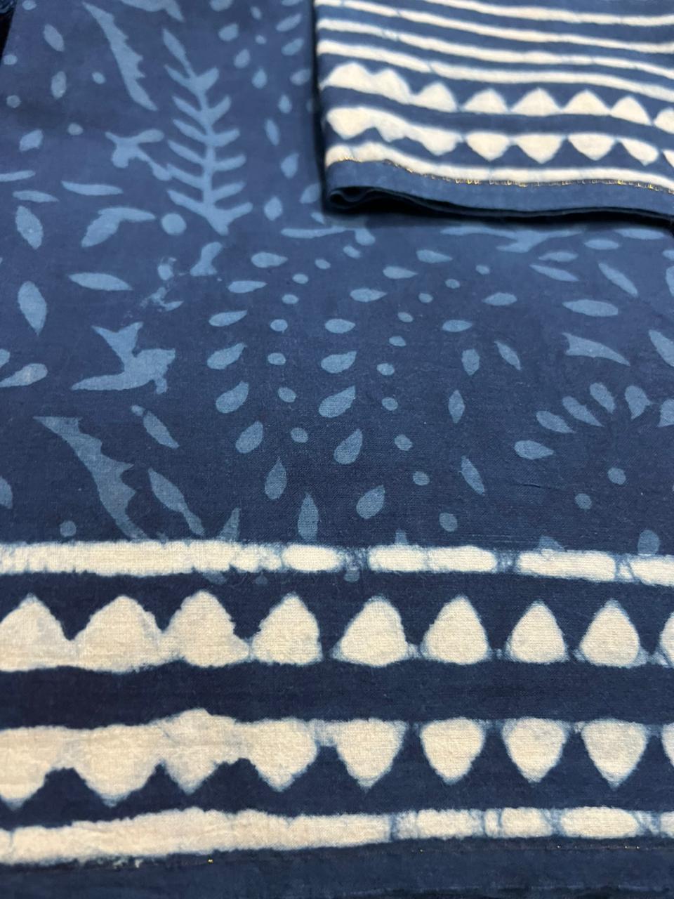 Exclusive Indigo Blue Floral Printed Cotton Suit With Chiffon Dupatta (OCOTCH006)