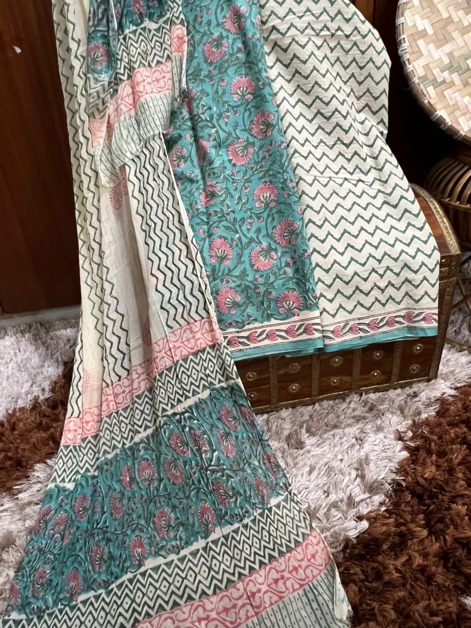 Premium Hand Block Printed Cotton Suit With Chiffon Dupatta (OCOTCH008)