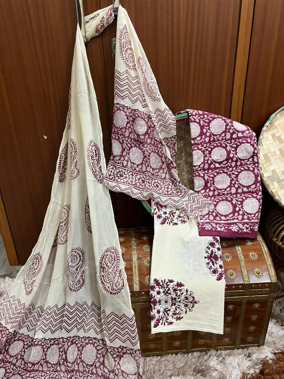 Deep Wine Heritage Cotton Suit With Chiffon Dupatta (OCOTCH010)