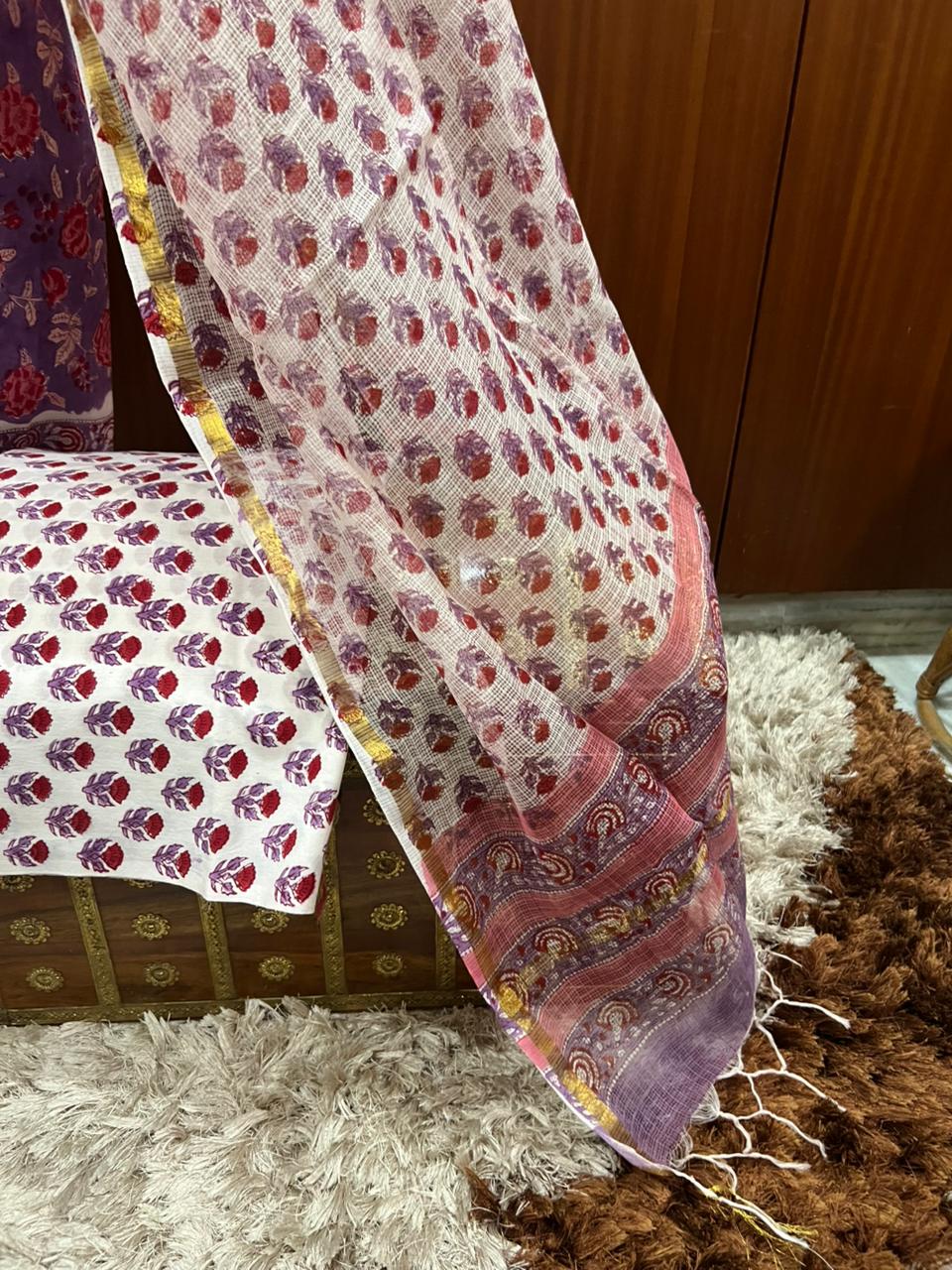 Exclusive Purple Hand Printed Cotton Suit With Kota Doria Dupatta (OCOTKO001)
