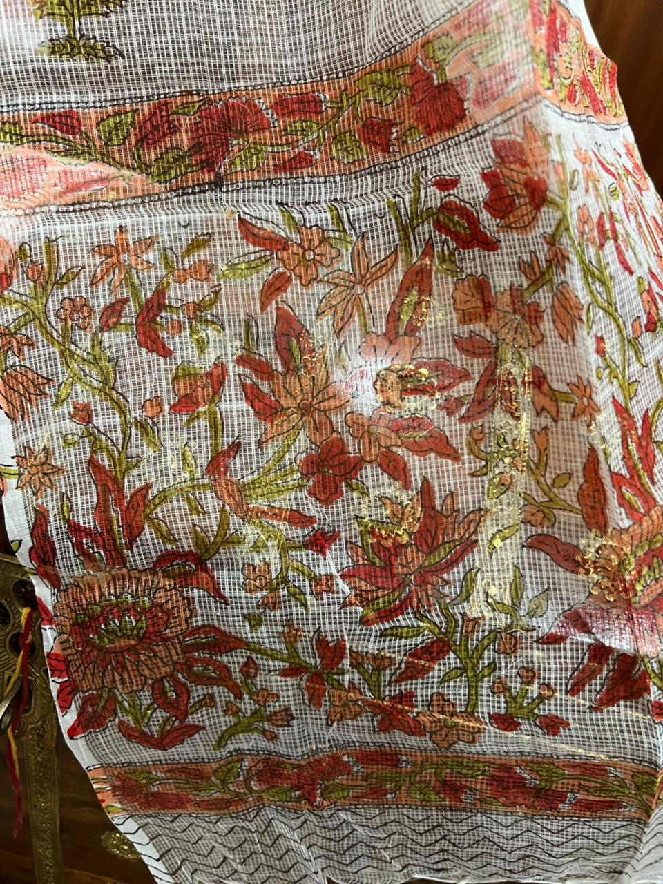 Exclusive White Hand Block Printed Cotton Suit With Kota Doria Dupatta (OCOTKO006)