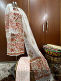 Exclusive White Hand Block Printed Cotton Suit With Kota Doria Dupatta (OCOTKO006)