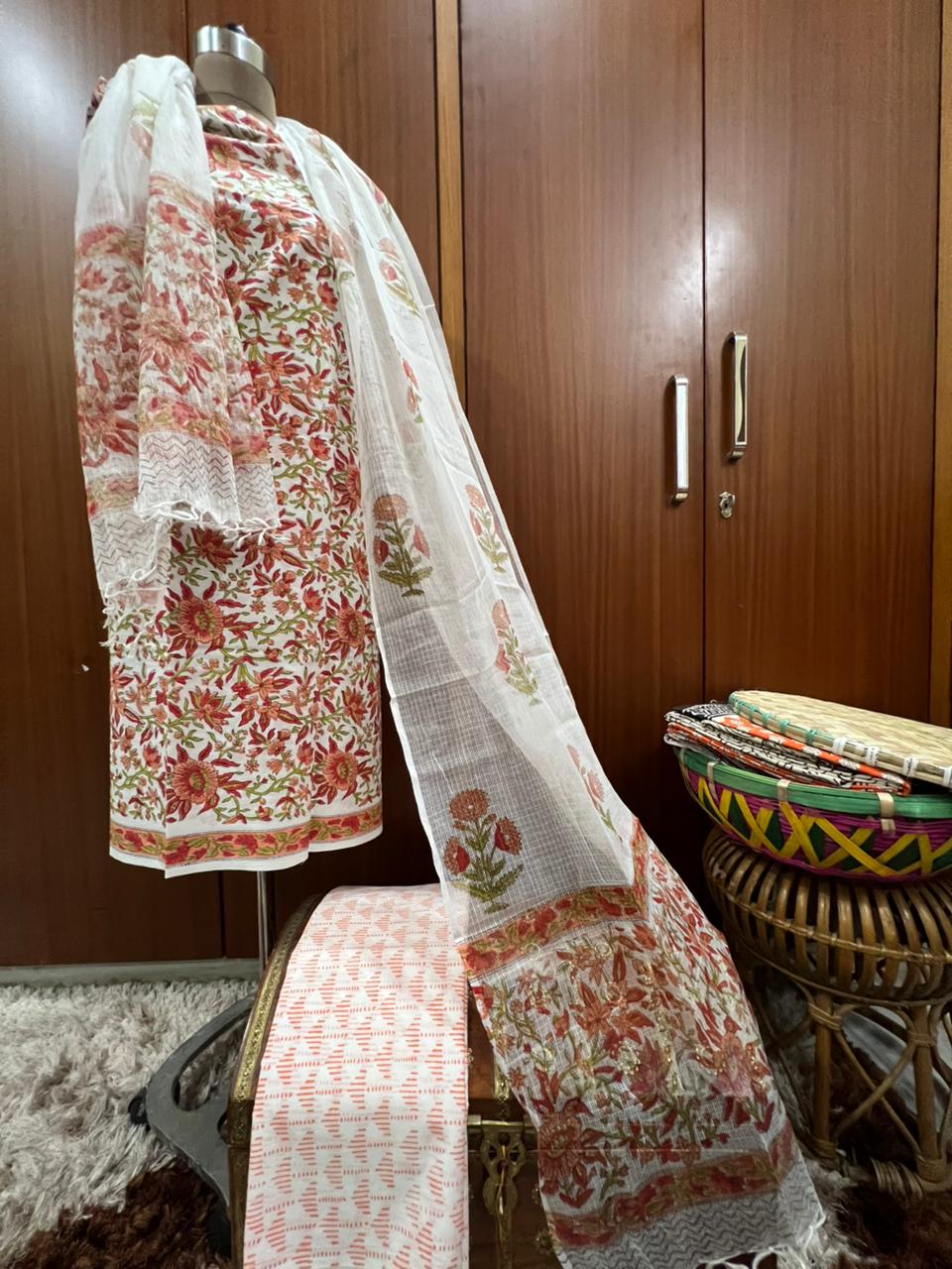 Exclusive White Hand Block Printed Cotton Suit With Kota Doria Dupatta (OCOTKO006)