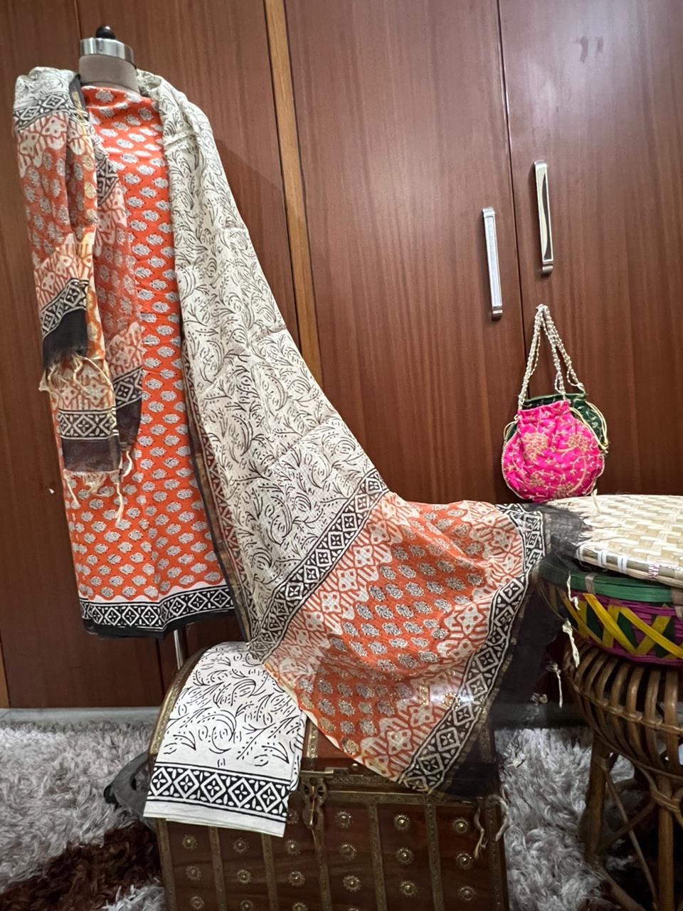 Exclusive Orange Hand Block Printed Cotton Suit With Kota Doria Dupatta (OCOTKO005)