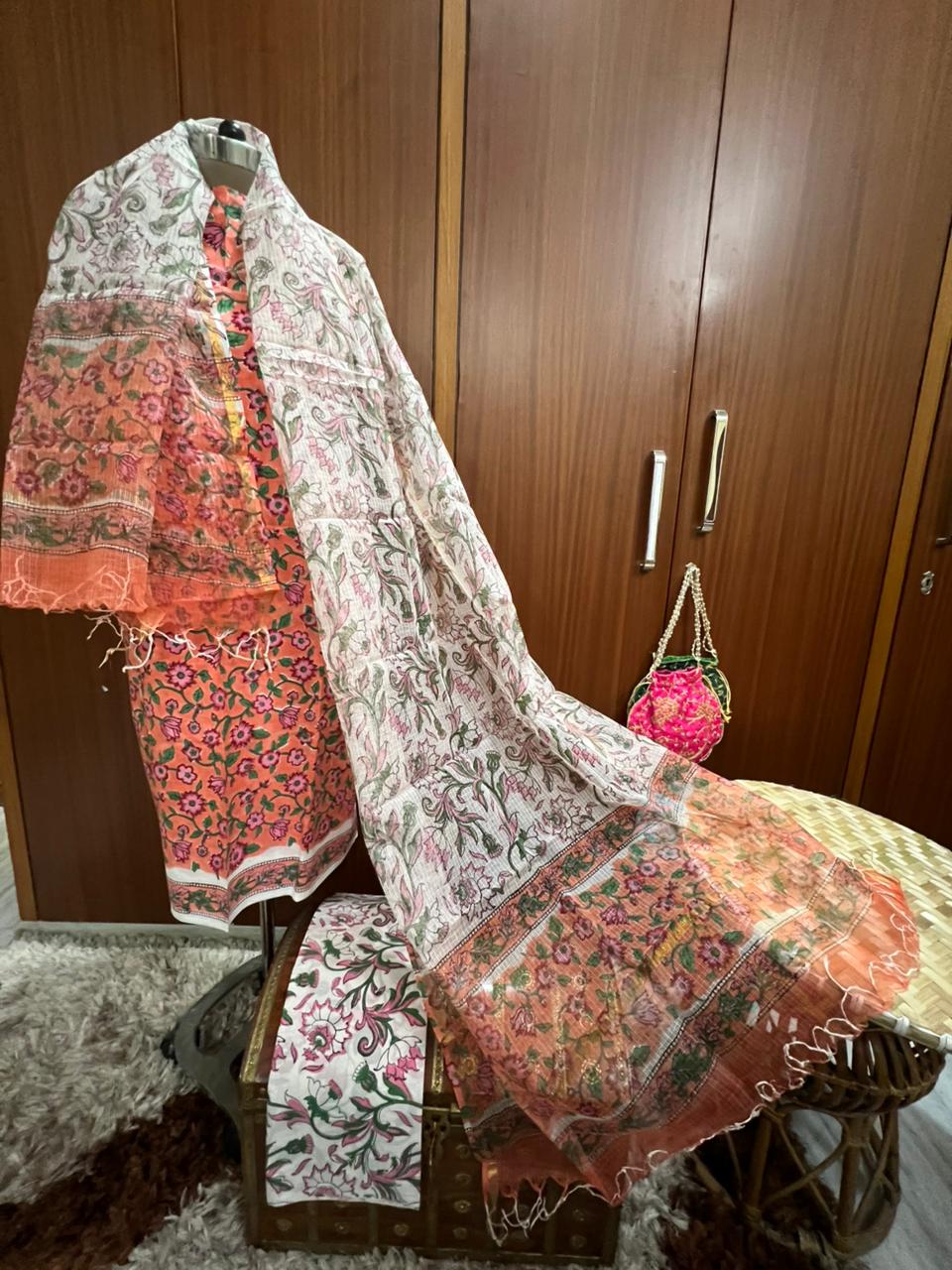 Peach Pink Rose petals Hand Block Printed Cotton Suit With Kota Doria Dupatta (OCOTKO004)