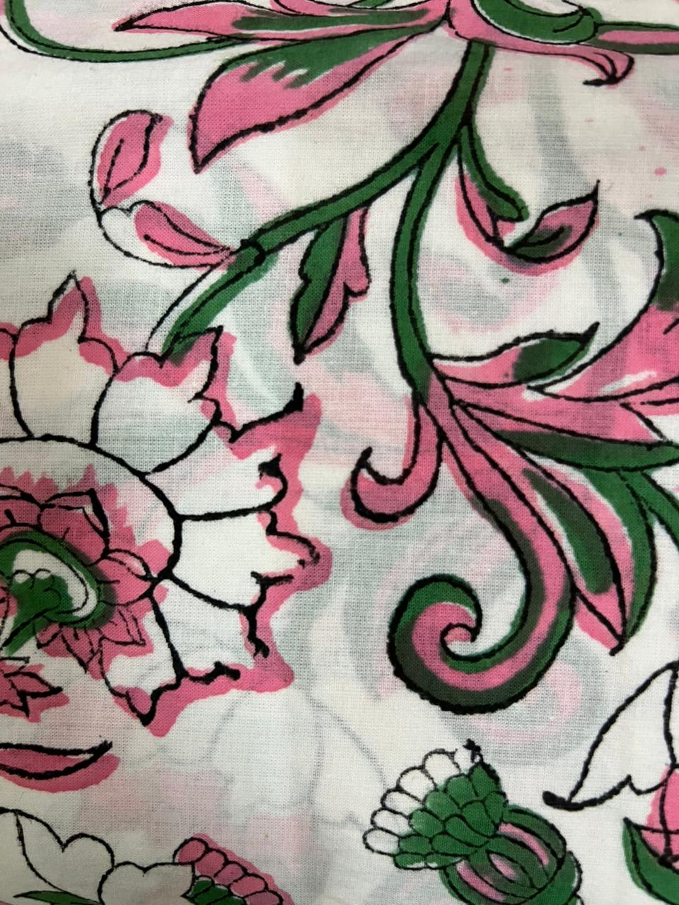 Peach Pink Rose petals Hand Block Printed Cotton Suit With Kota Doria Dupatta (OCOTKO004)