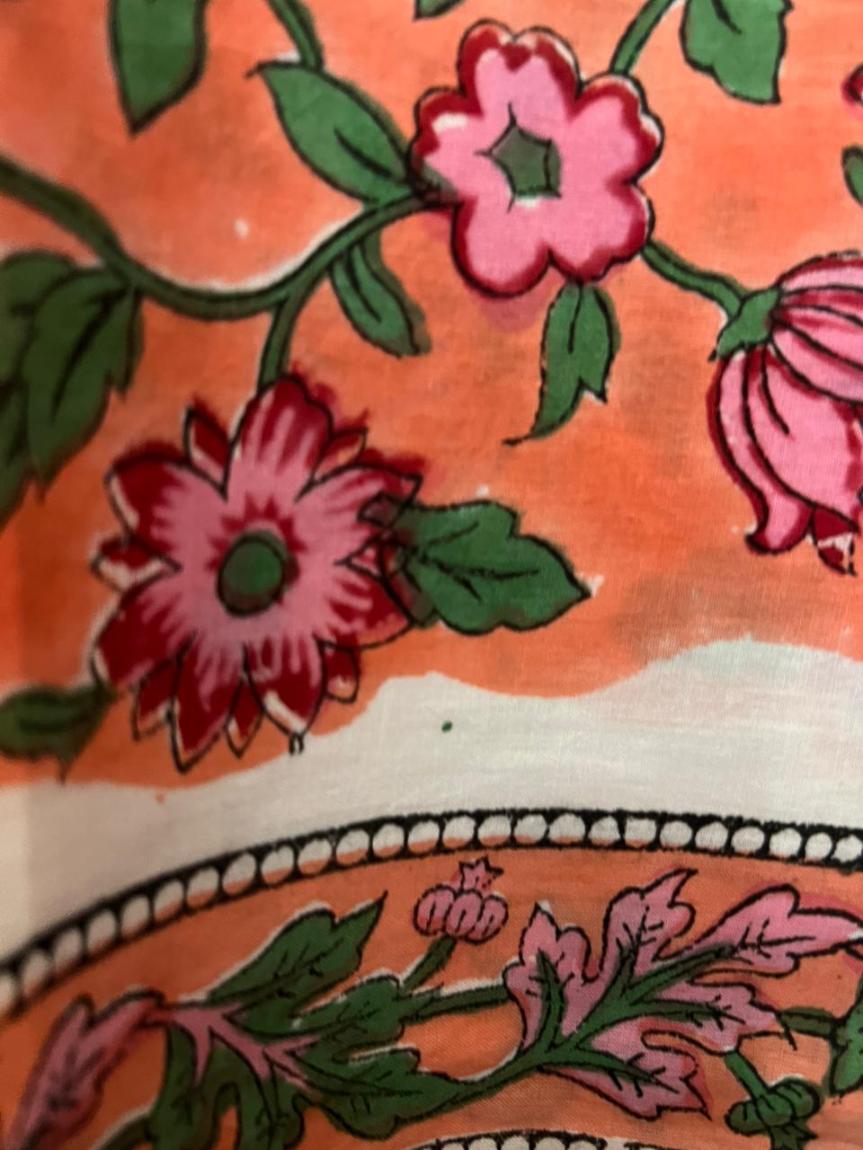 Peach Pink Rose petals Hand Block Printed Cotton Suit With Kota Doria Dupatta (OCOTKO004)