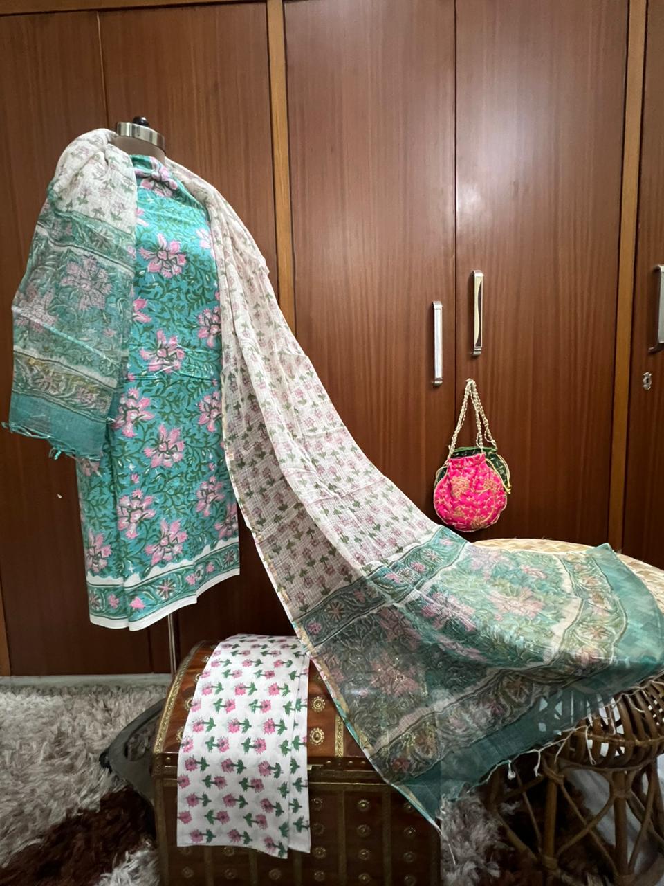 Sea Green Floral Print Cotton Suit With Kota Doria Dupatta (OCOTKO002)
