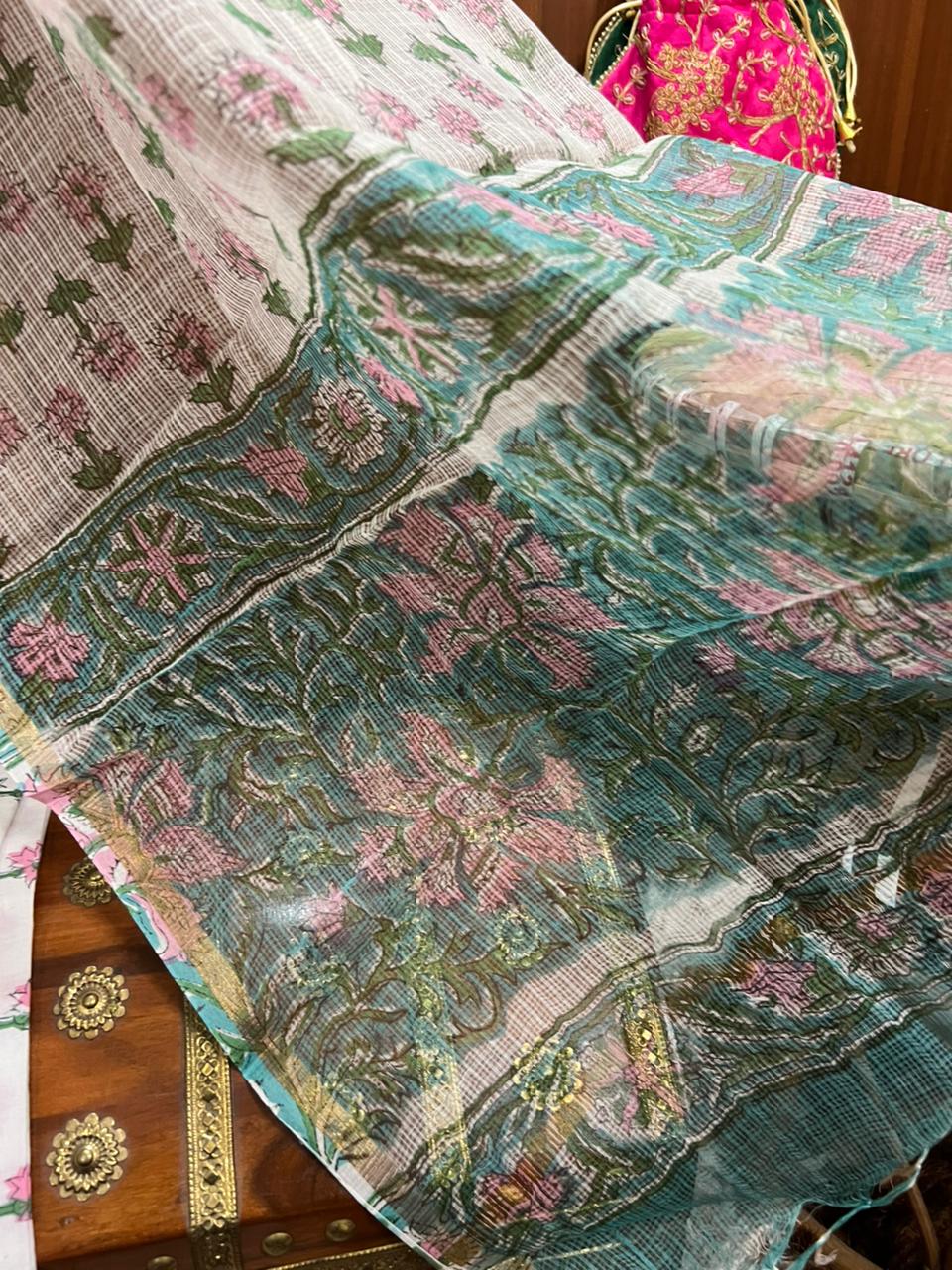 Sea Green Floral Print Cotton Suit With Kota Doria Dupatta (OCOTKO002)