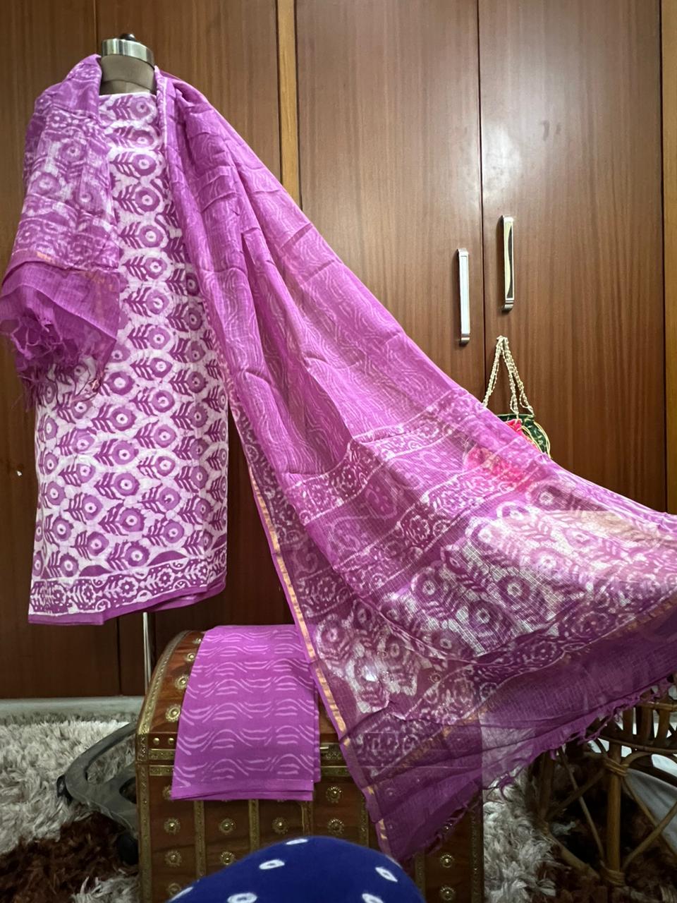 Exclusive Purple Hand Block Printed Cotton Suit With Kota Doria Dupatta (OCOTKO007)