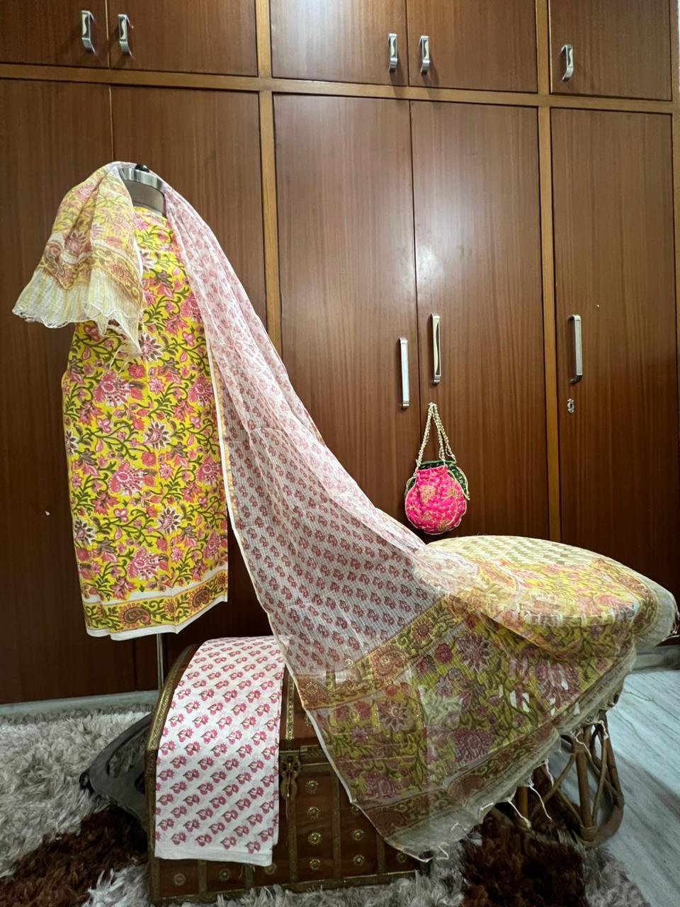 Yellow Pink Petals Floral Print Cotton Suit With Kota Doria Dupatta (OCOTKO003)