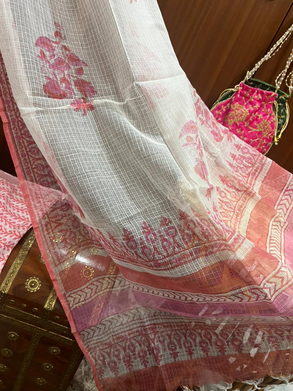 Pink Floral Print Cotton Suit With Kota Doria Dupatta (OCOTKO0010)