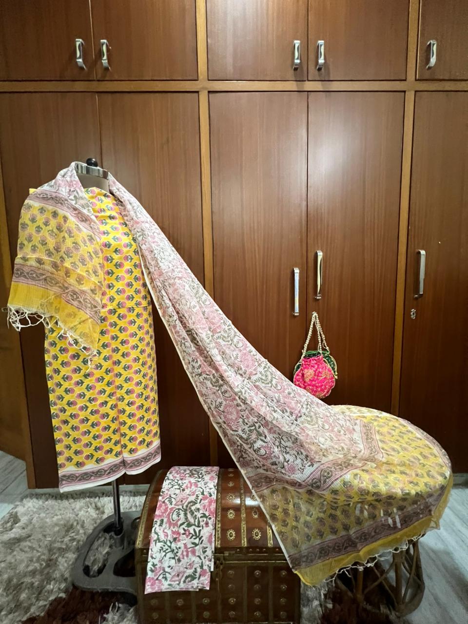 Yellow Pink Floral Print Cotton Suit With Kota Doria Dupatta (OCOTKO008)