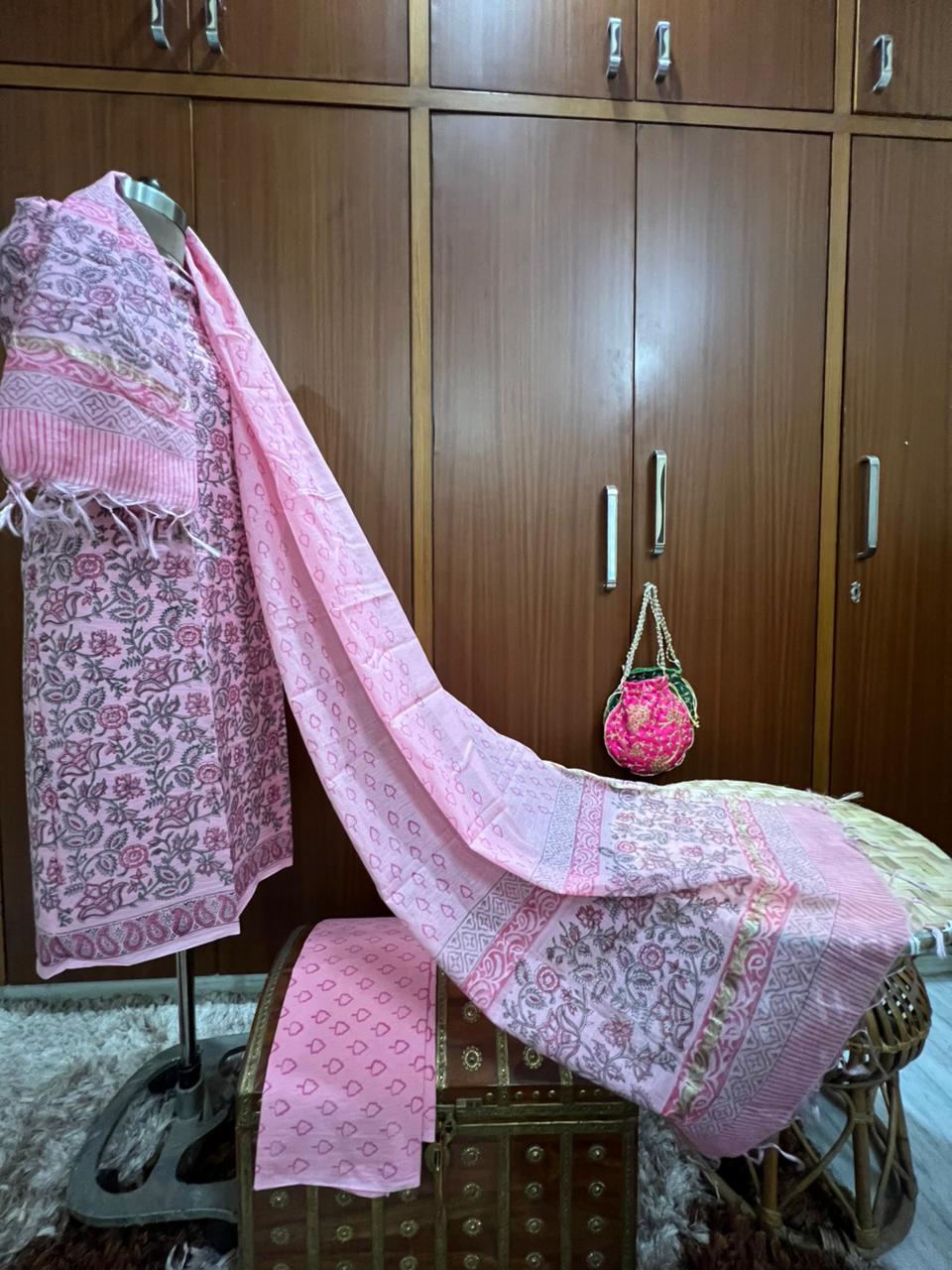 Hand Printed Cotton Suit With Chanderi Dupatta Set (OCOTCH001)