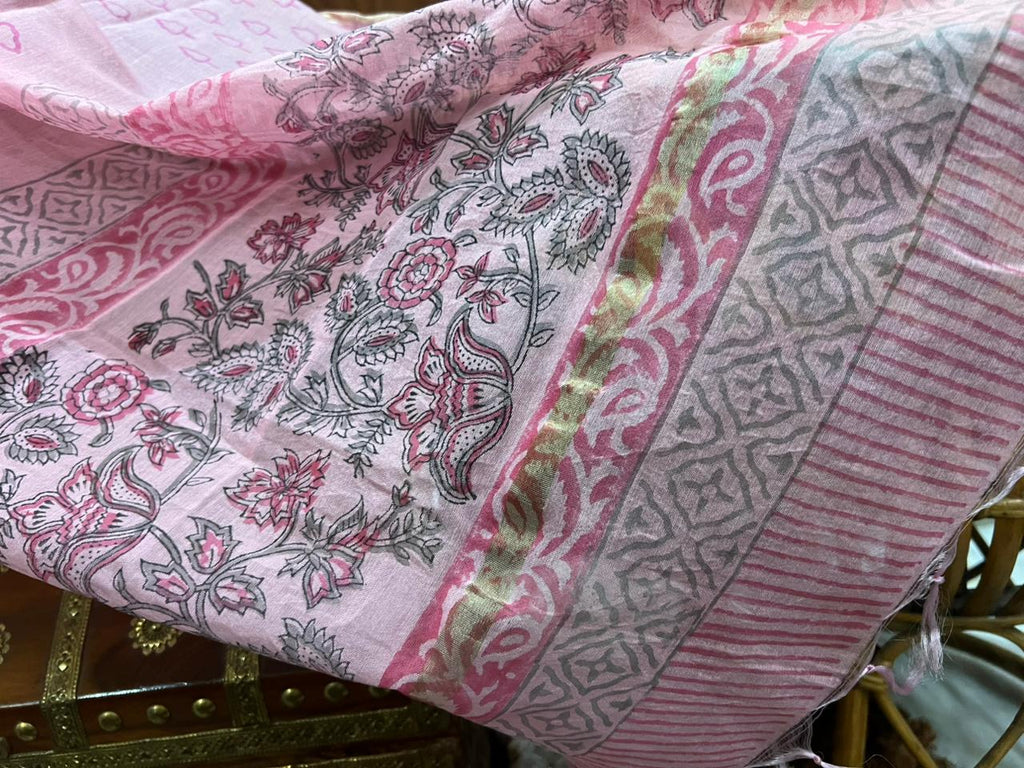 Hand Printed Cotton Suit With Chanderi Dupatta Set (OCOTCH001)