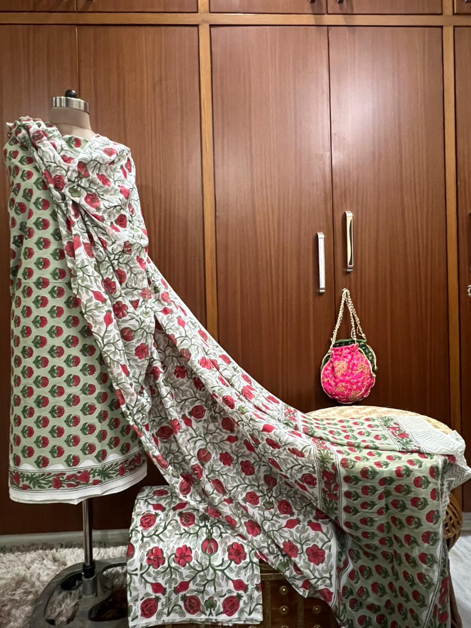 Exclusive Pista Green Bagru Printed Cotton Suit With Cotton Dupatta (OCOTC002)