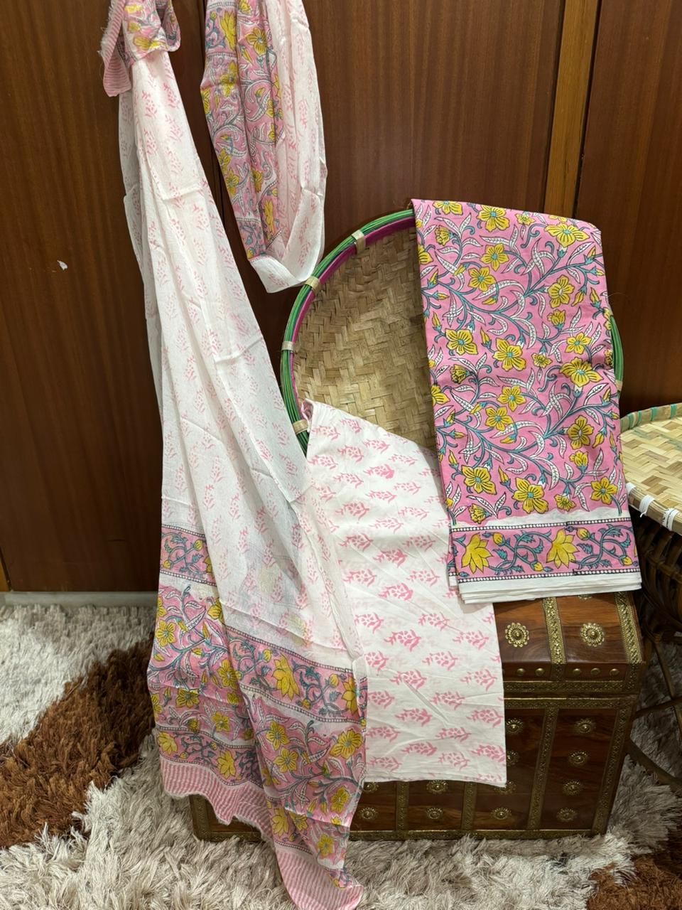 Premium Baby Pink Cotton Suit With Chiffon Dupatta (OCOTCF002)
